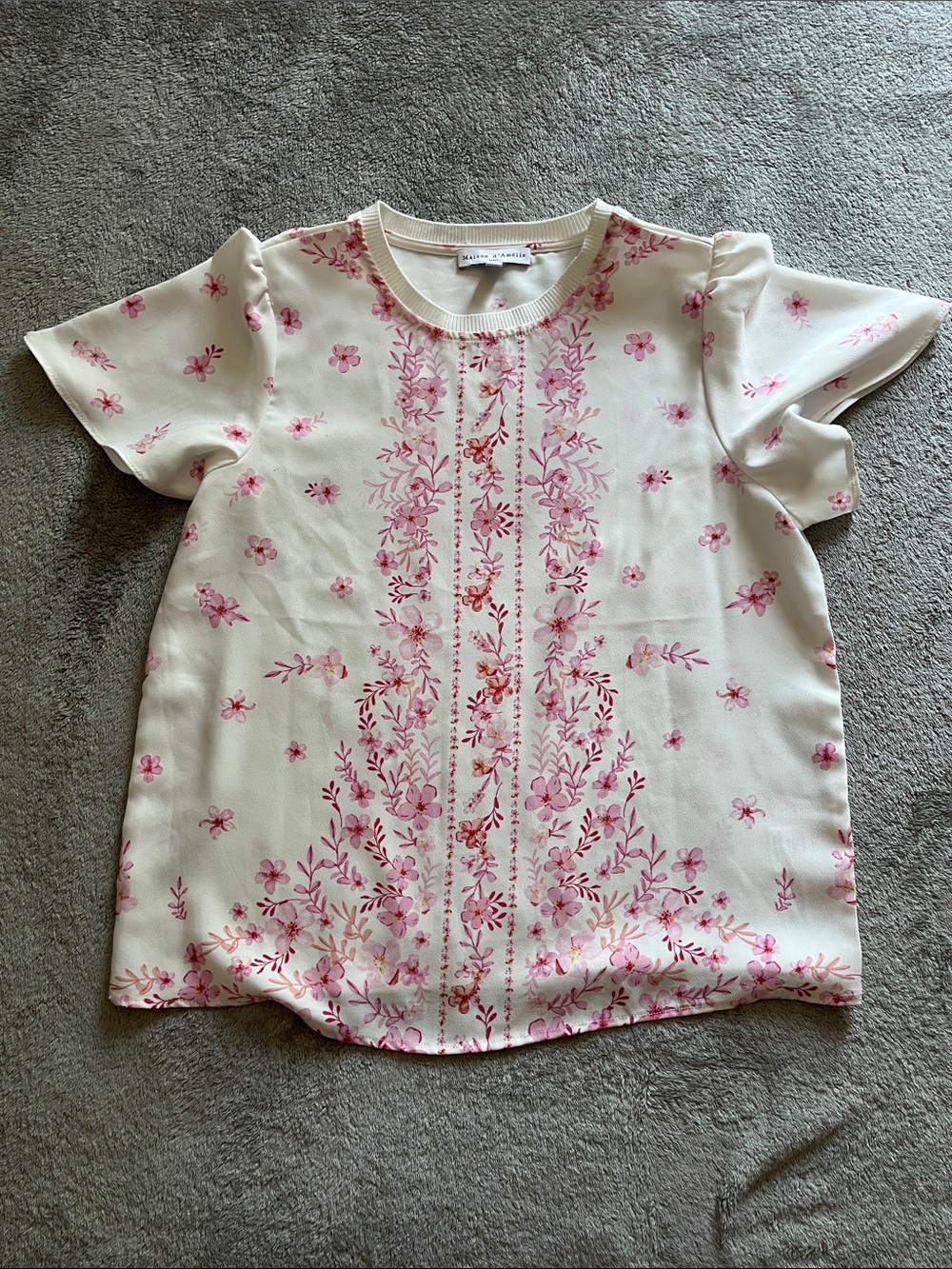 Printed Floral Short-Sleeve Blouse - Pink on Cream
